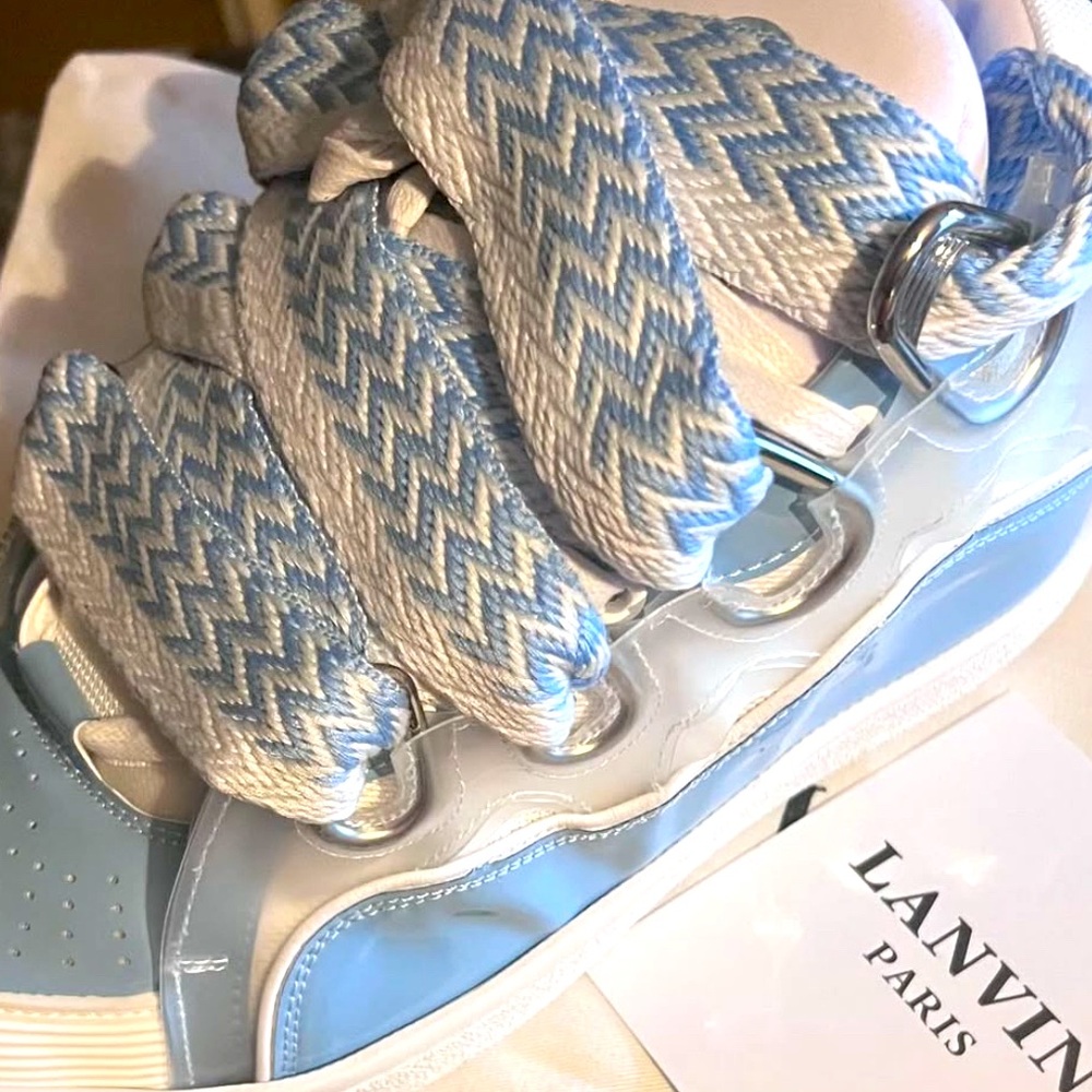 Lanvin Blue and White High-Top Sneakers with Zigzag Pattern